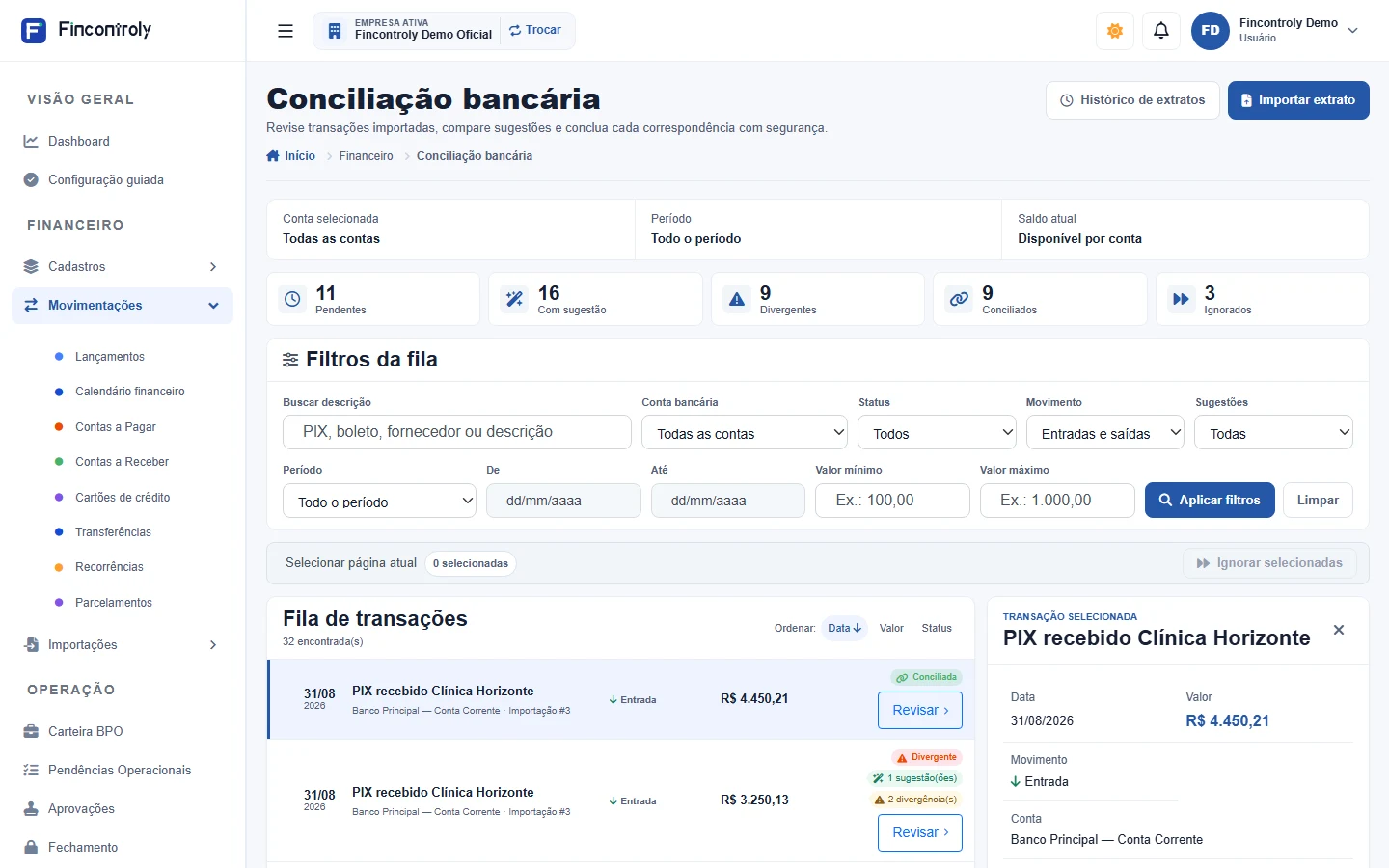Tela de conciliação bancária do Fincontroly