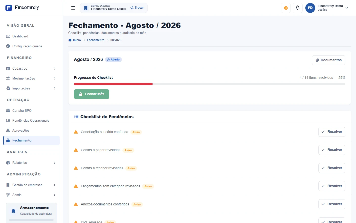 Tela de fechamento mensal financeiro do Fincontroly